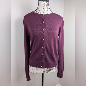 Ann Taylor Women's Purple Plum Crew Neck Cardigan Sweater Pearl Button Front PM